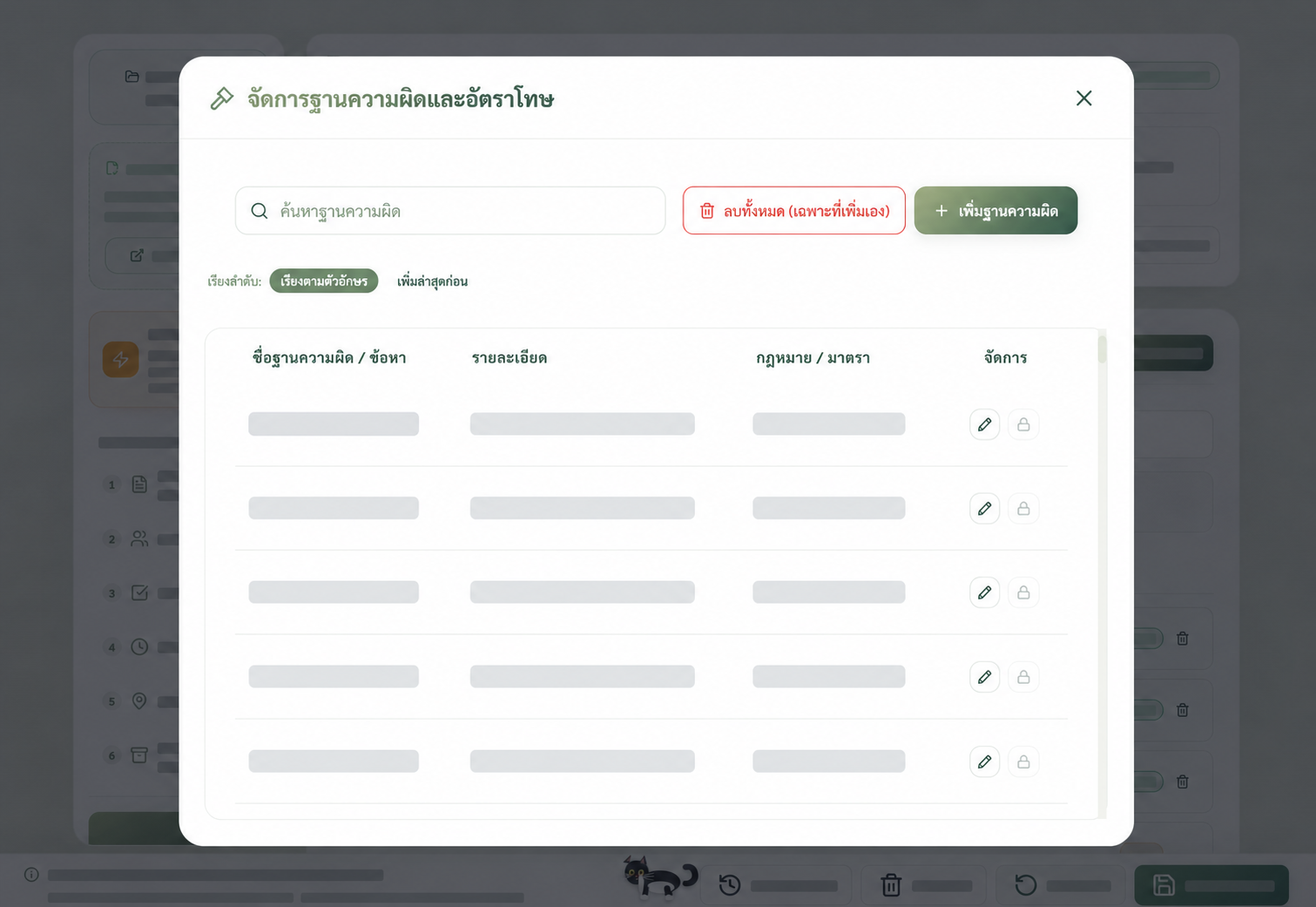 ตัวอย่างหน้าจัดการฐานความผิดที่ปกปิดเนื้อหาและรายละเอียดกฎหมายแล้ว
